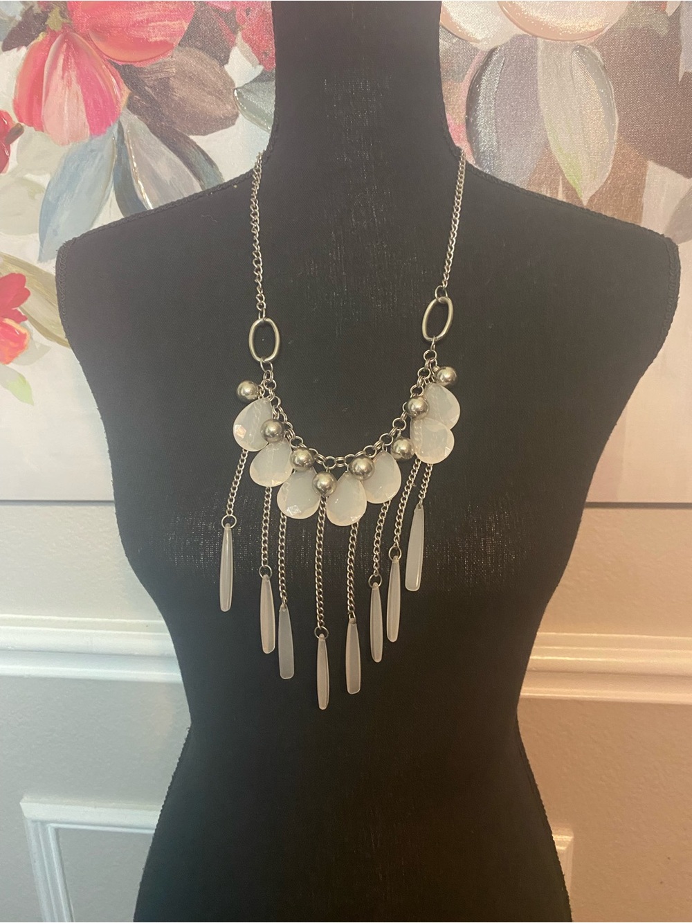 White Bead Fringe Statement Necklace - Unbranded